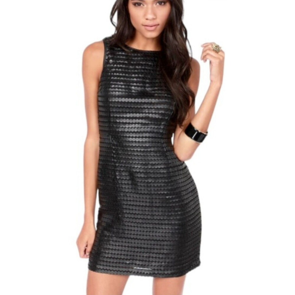 BB Dakota Blk Faux Leather Disc Dress Women 4 Sleeveless Cocktail Party Mini @E7